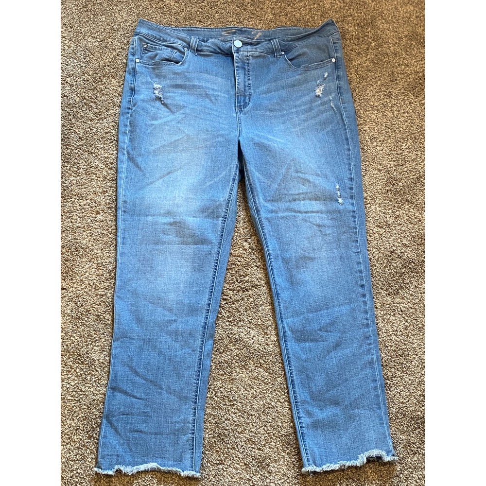 Seven7 Womens High Rise Slim Straight Jeans Light Wash Frayed Hem 18W Distressed